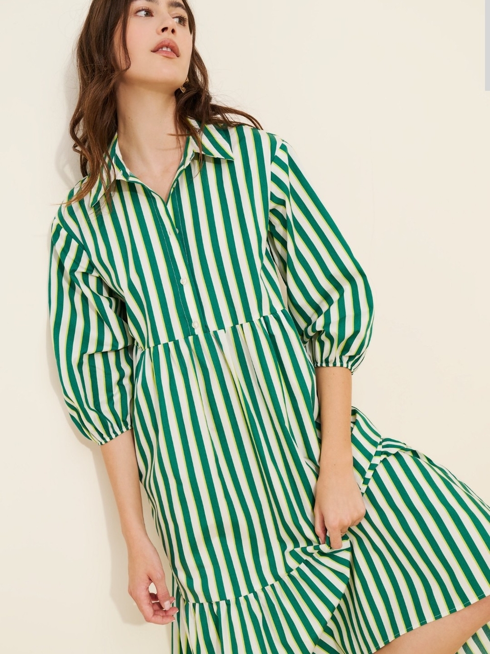 Maeve Green and White Striped Midi Shirt Dress